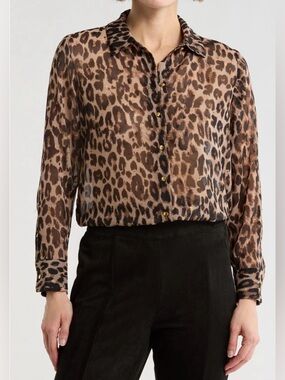 T Tahari Brown Leopard Print Button-Front Blouse